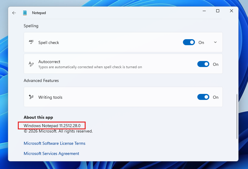 Windows Notepad version number that removed Copilot