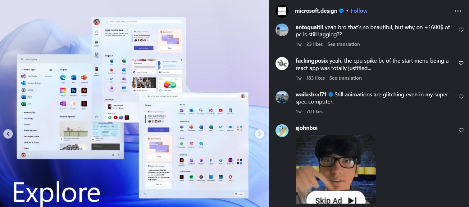 Windows design team shared prototypes of the Start menu redesign but comments focused on different things