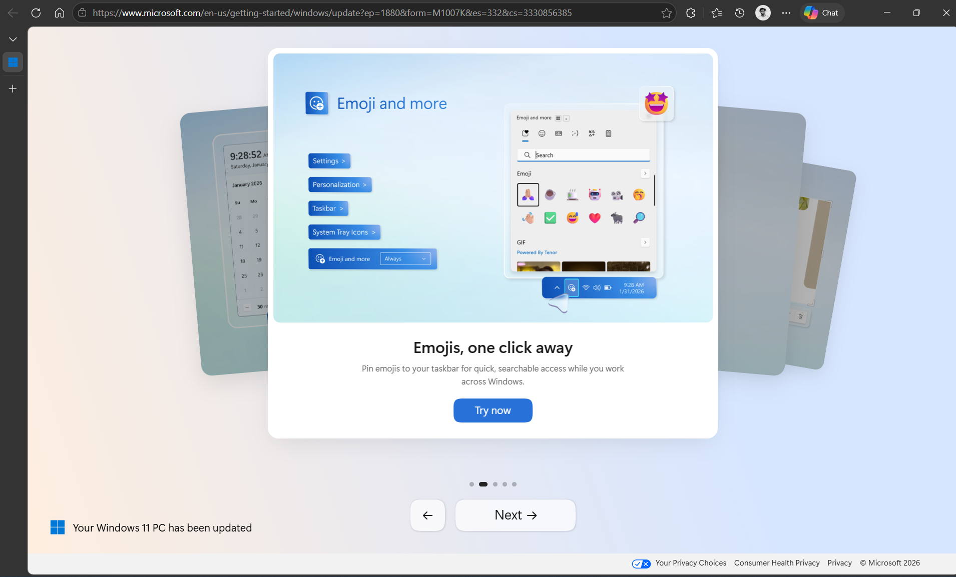Windows update auto-opened Edge to show new Emojis as the second new feature in Windows