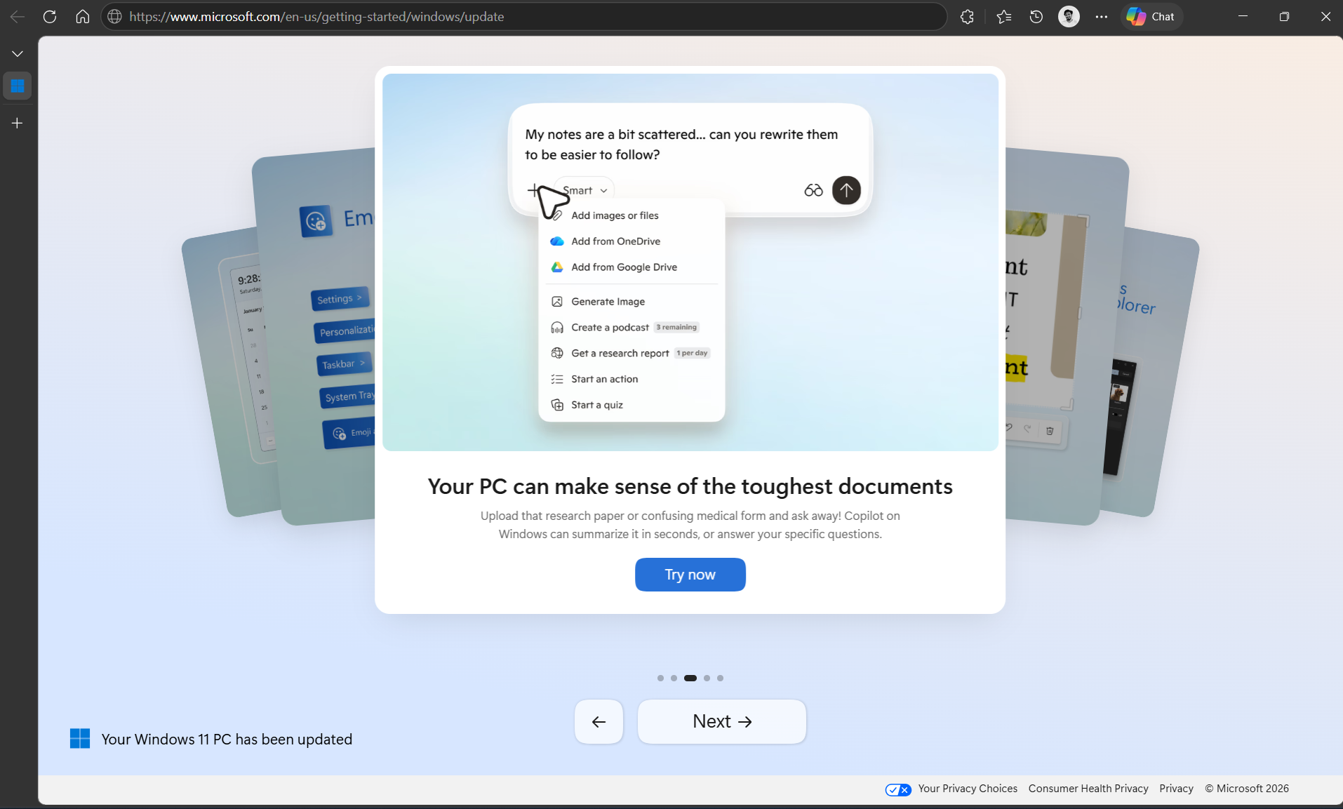 Windows update opened Edge after restart to show Copilot's document analyzing as the third new feature in Windows 11