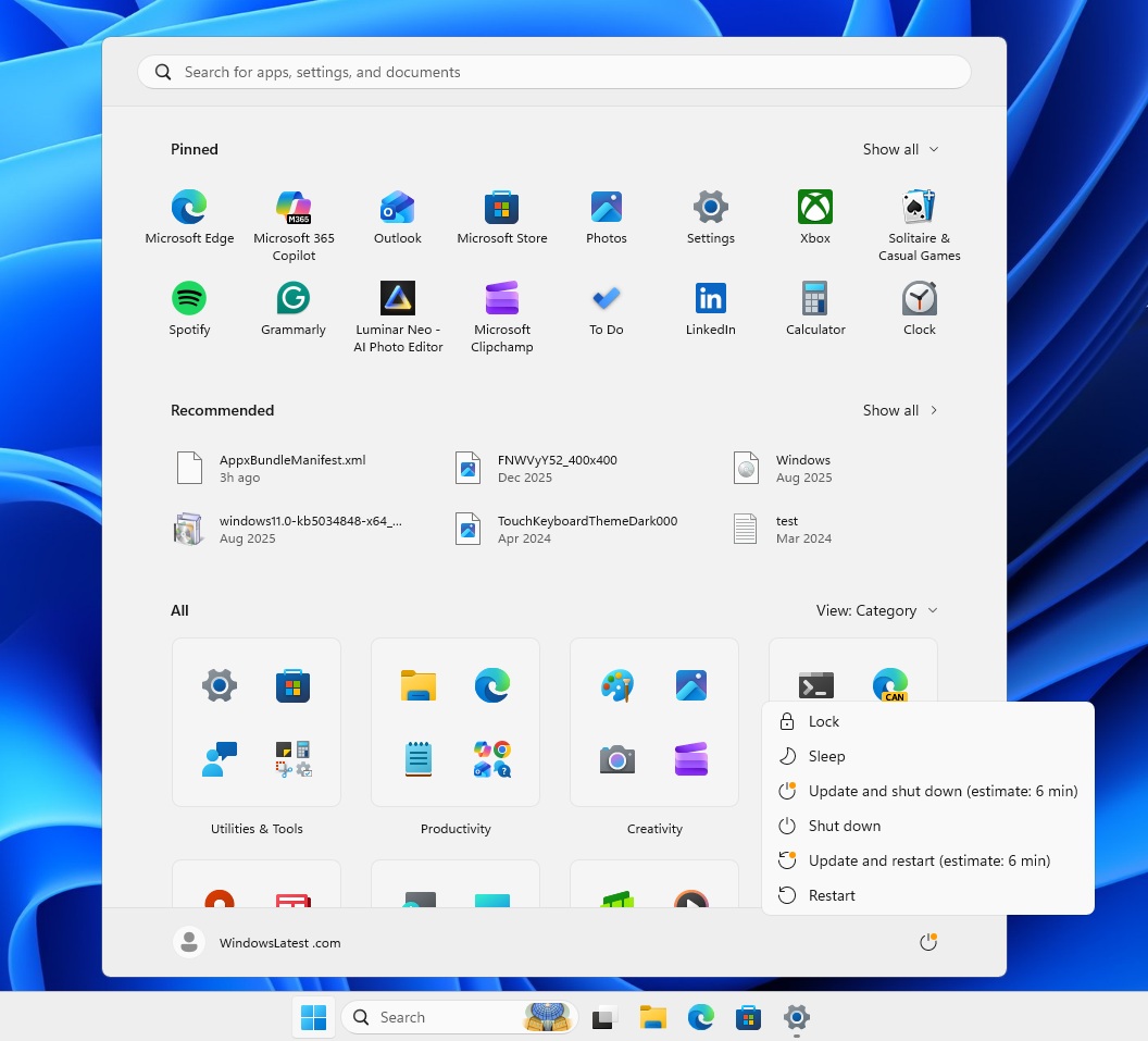 Windows update options