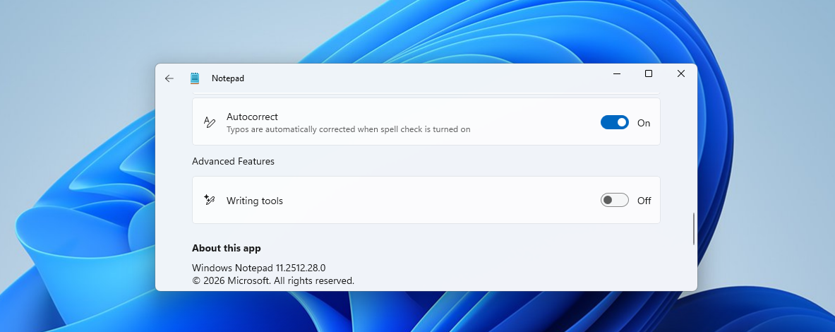 Writing tools powered by AI can be turned off in Notepad