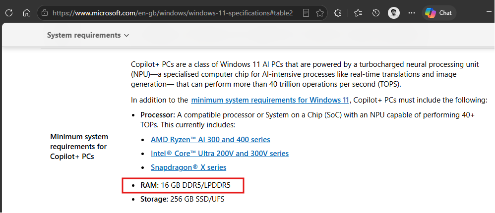 Copilot+ PC minimum requirement mentions 16GB RAM