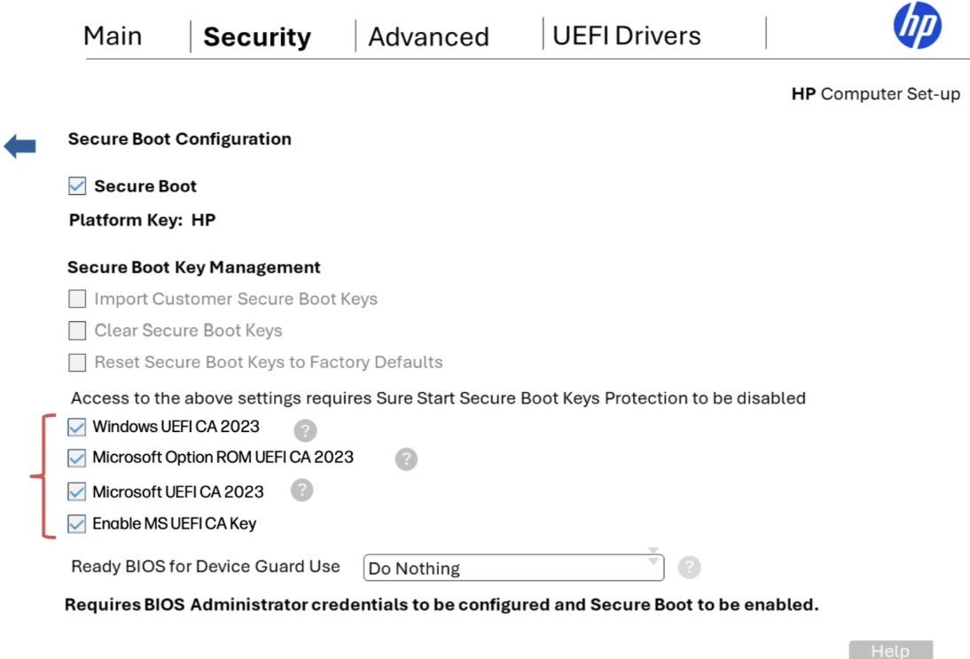 Enabling Secure Boot certifications in HP BIOS