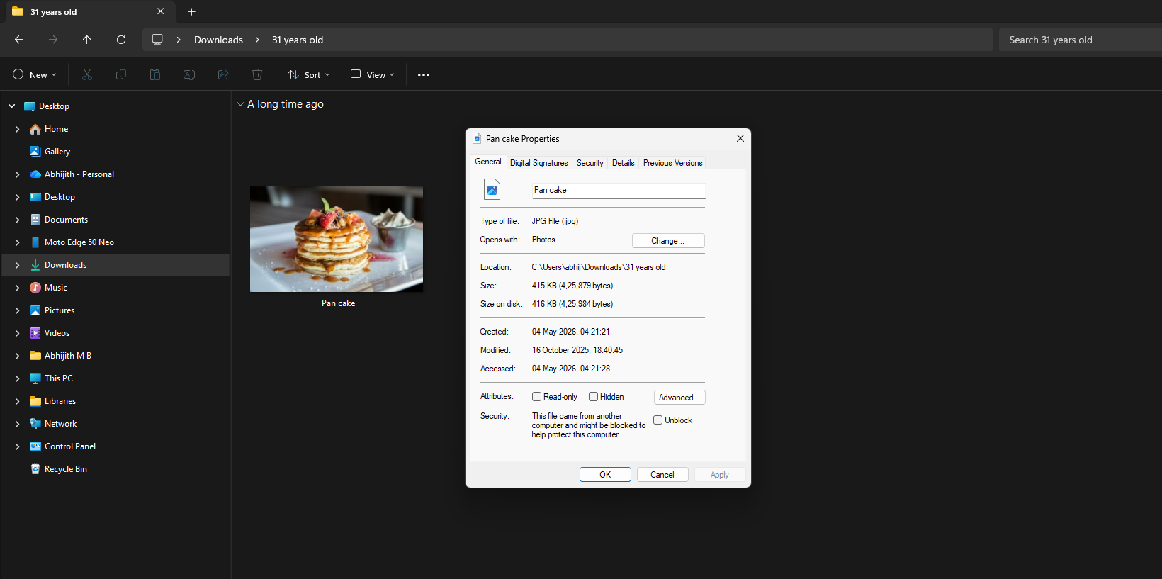 File Explorer Properties Dialog box
