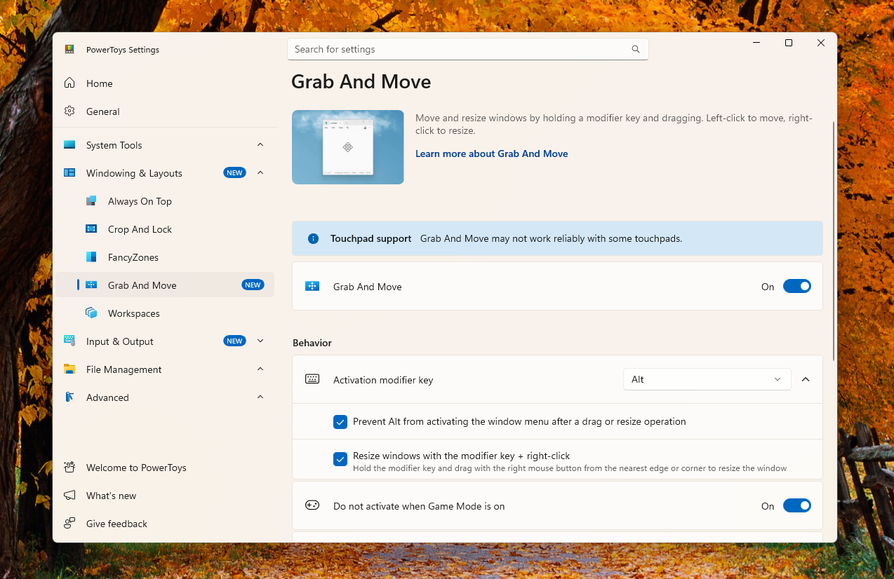 Grab And Move settings page in PowerToys