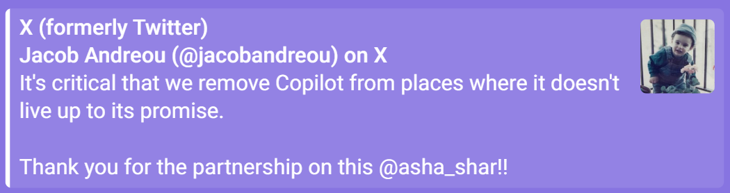 Jacob Andreou tweets about removing Copilot and then deletes it