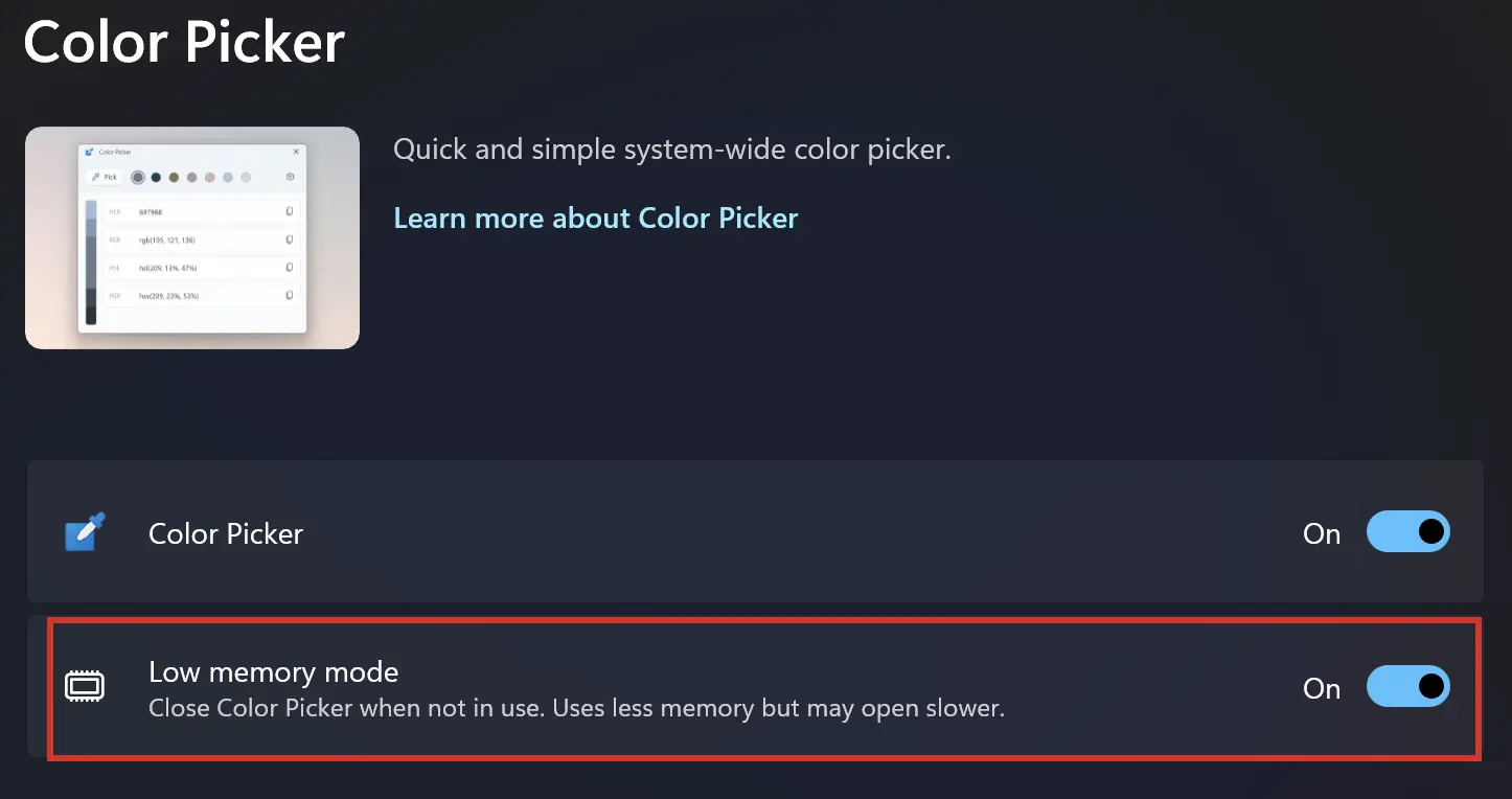 Low memory mode activated in Color Picker tool in PowerToys
