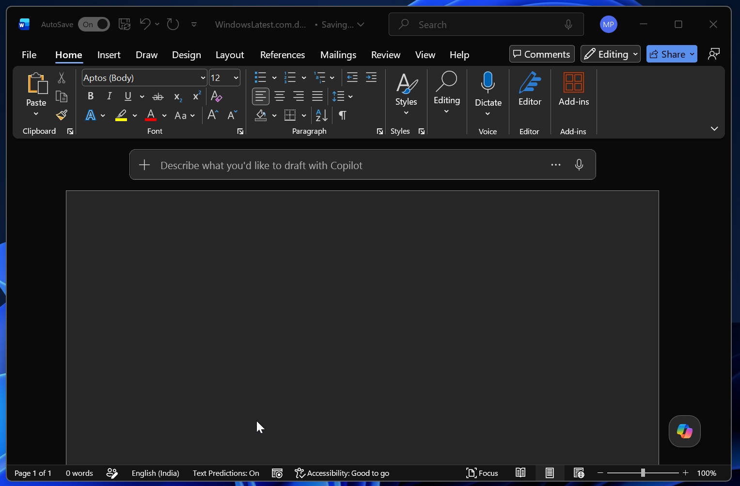 Microsoft Word with Copilot button
