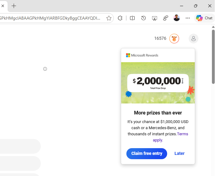 Microsoft advertises 1 million USD prize or a Mercedez Benz as part of a 2 million Total Prize Drop