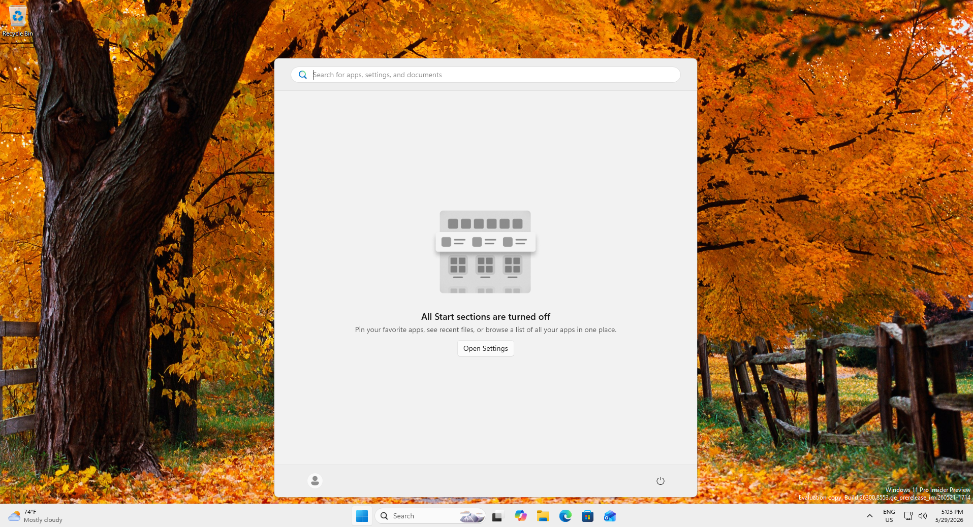 New Start menu with all sections turned off