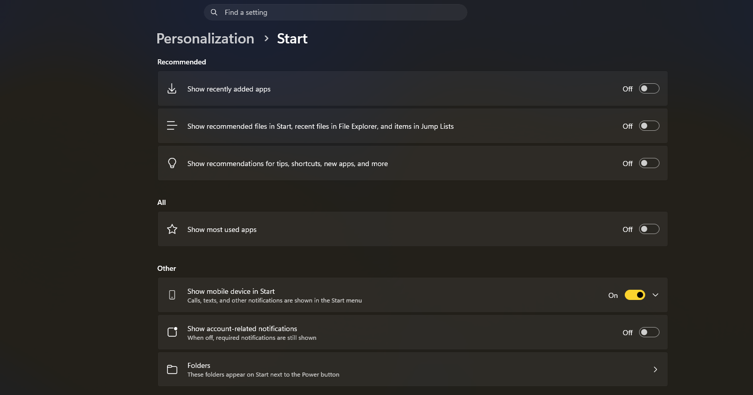 Old Start menu settings page