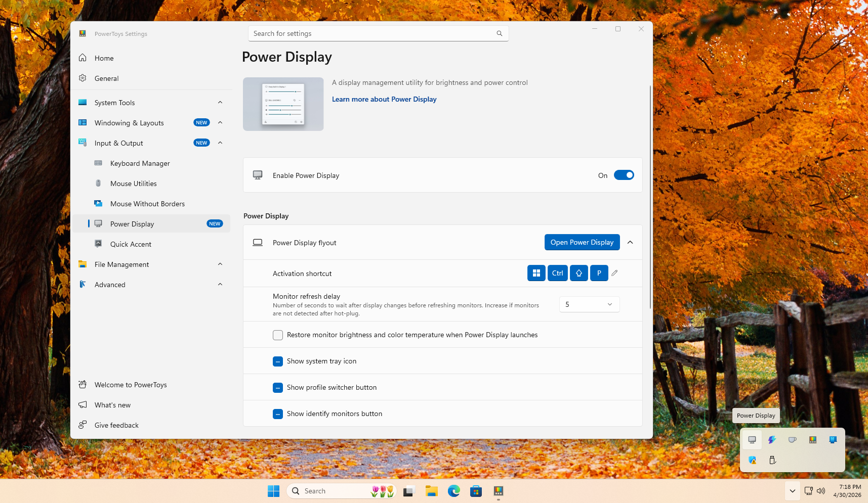 Power Display settings page in PowerToys