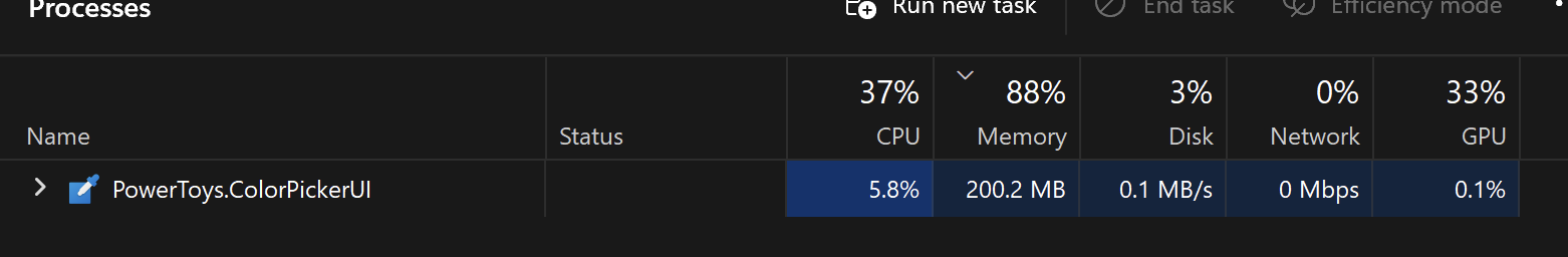 PowerToys ColorPicker tool using 200MB RAM