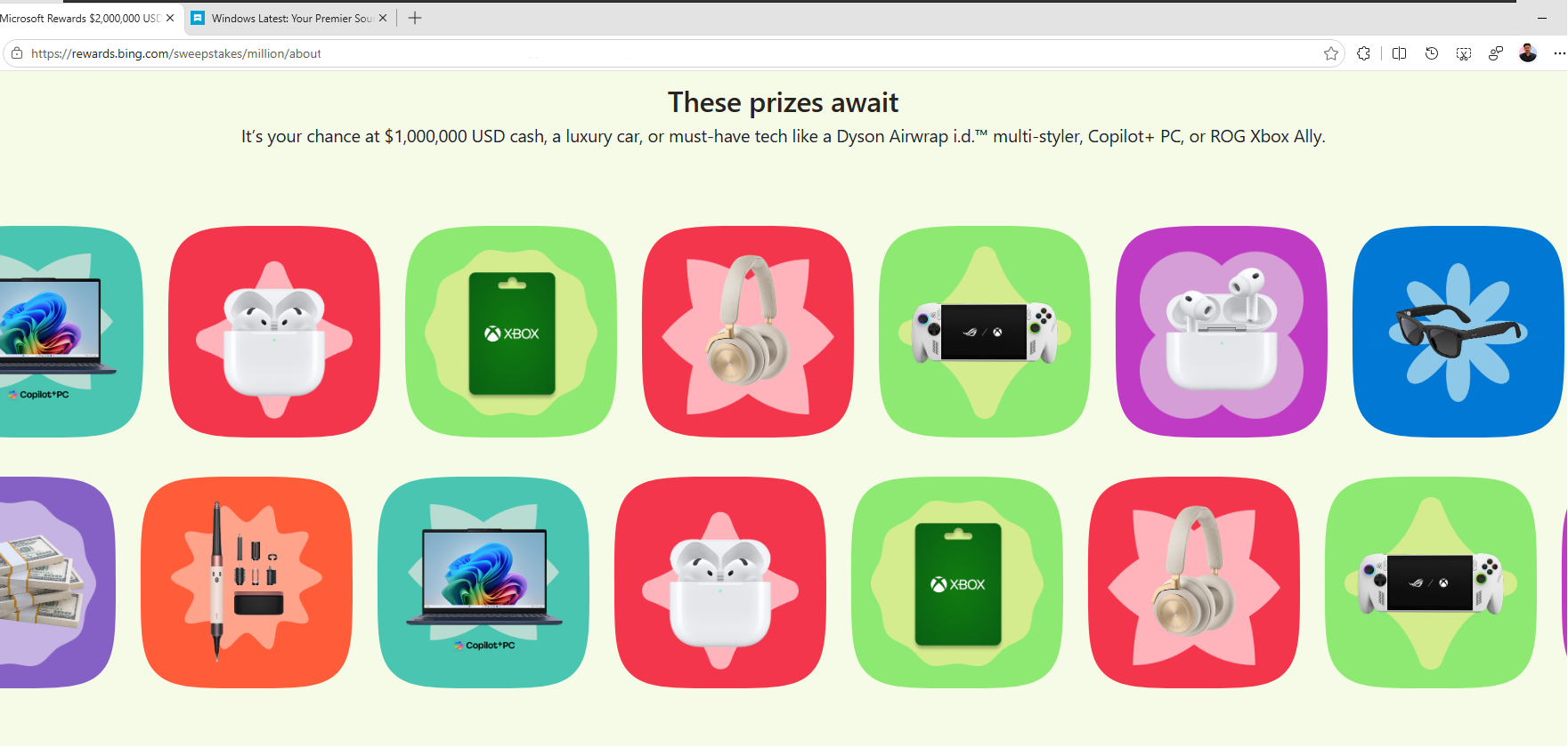 Prizes Microsoft put forward in their 1 million USD rewards Sweepstakes game
