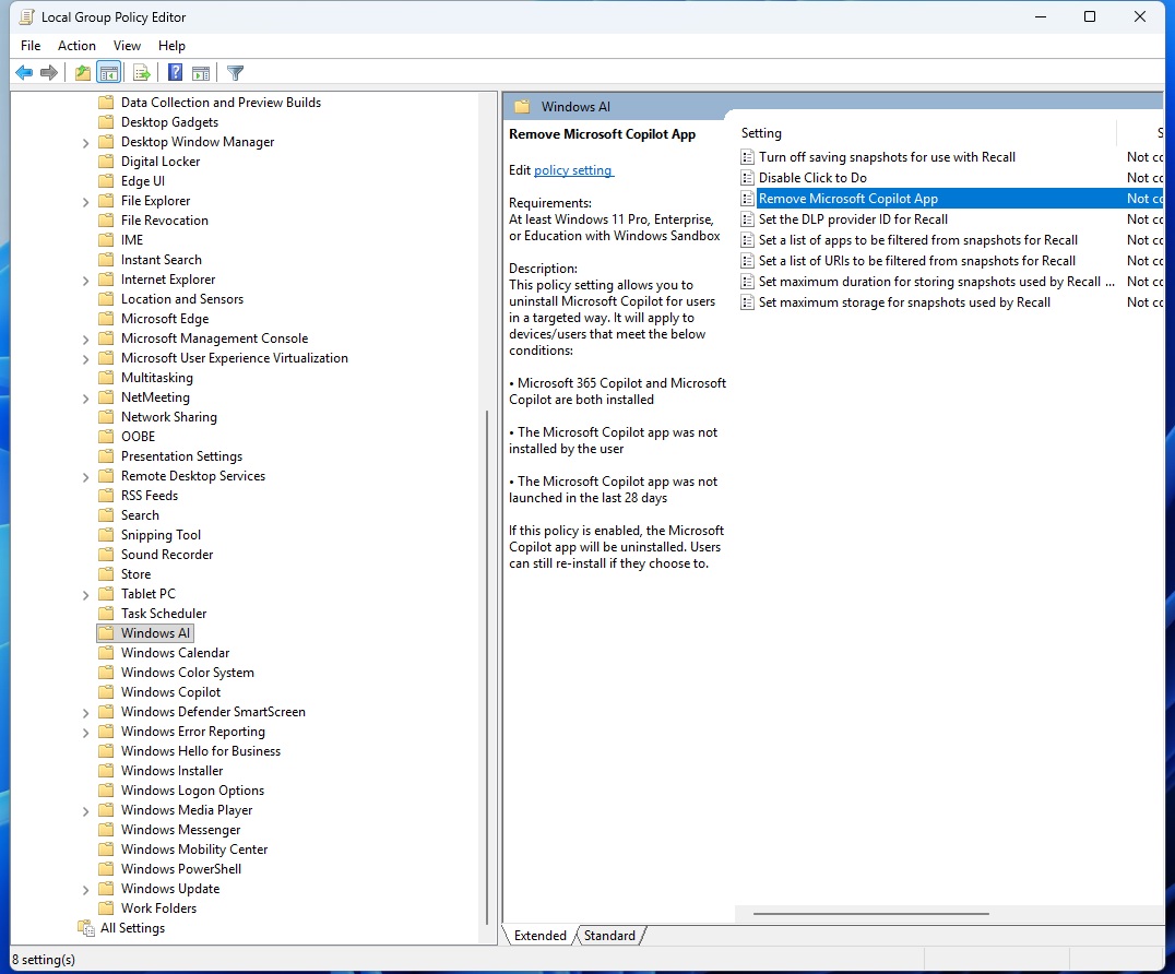 Remove Microsoft Copilot policy in Windows 11