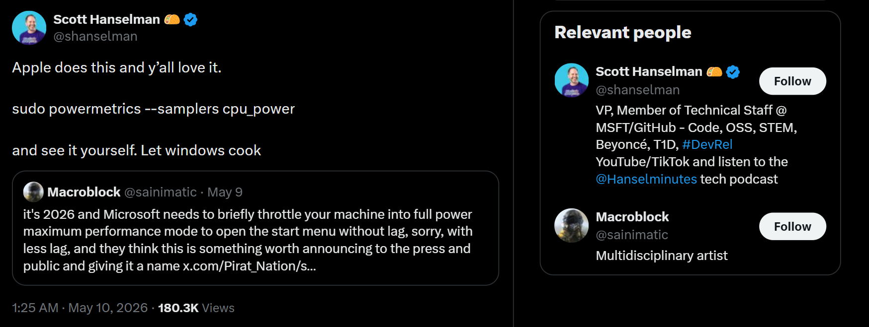 Scott Hanselman defends Microsoft saying Apple also does things similar to Low Latency Profile when a user inadvertently criticizes Microsoft