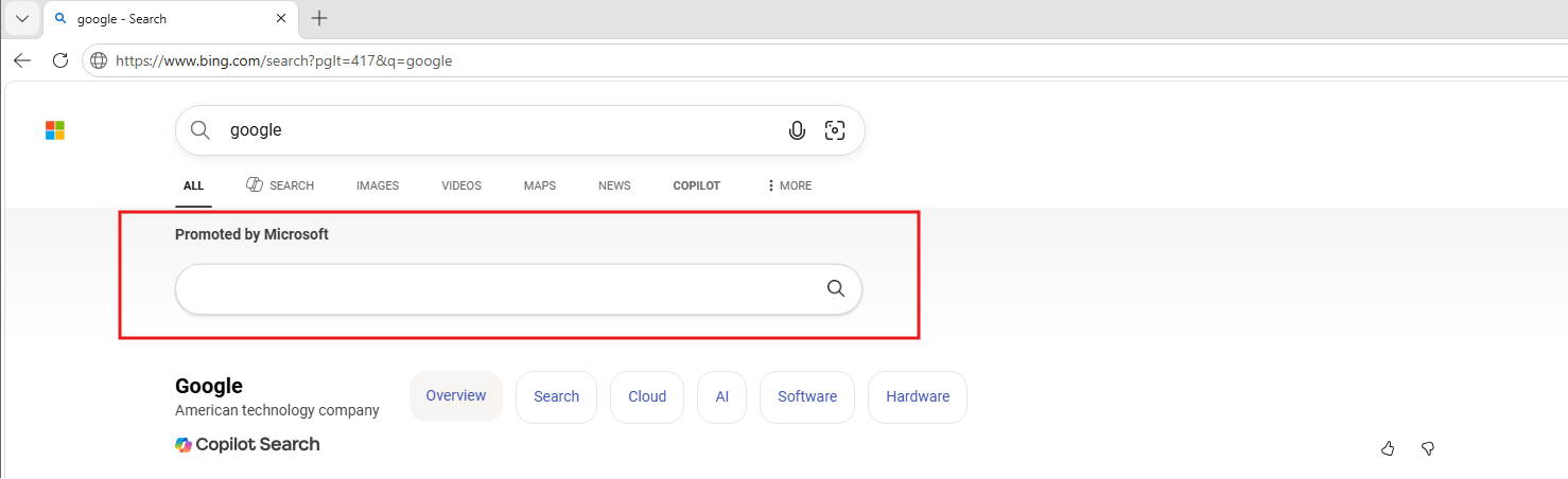 Second search bar powered by Microsoft after searching for Google