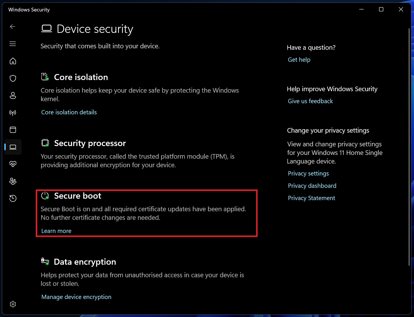 Estado de arranque seguro en la aplicación de seguridad de Windows