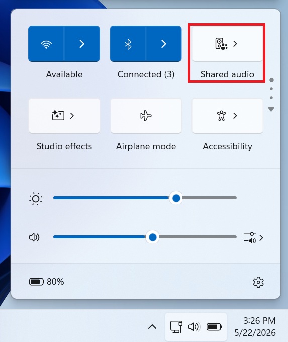 Shared audio in Windows 11 Quick Settings