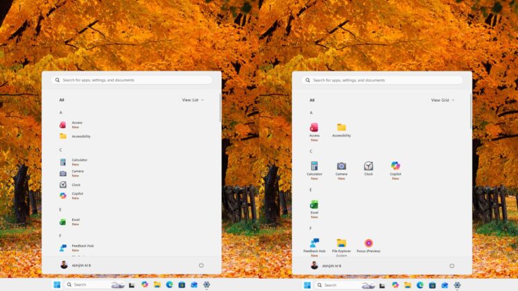 Start menu with All apps only in Grid view and List view