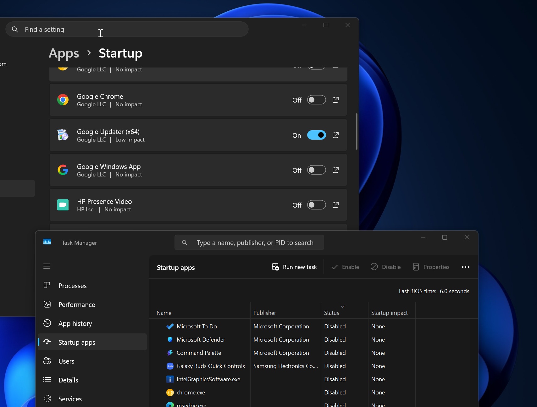 Startup apps in Windows 11