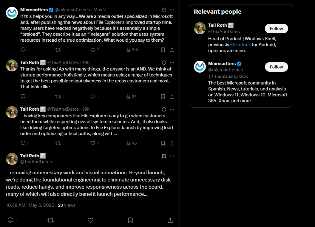Tali Roth response on X when asked about File Explorer preloading