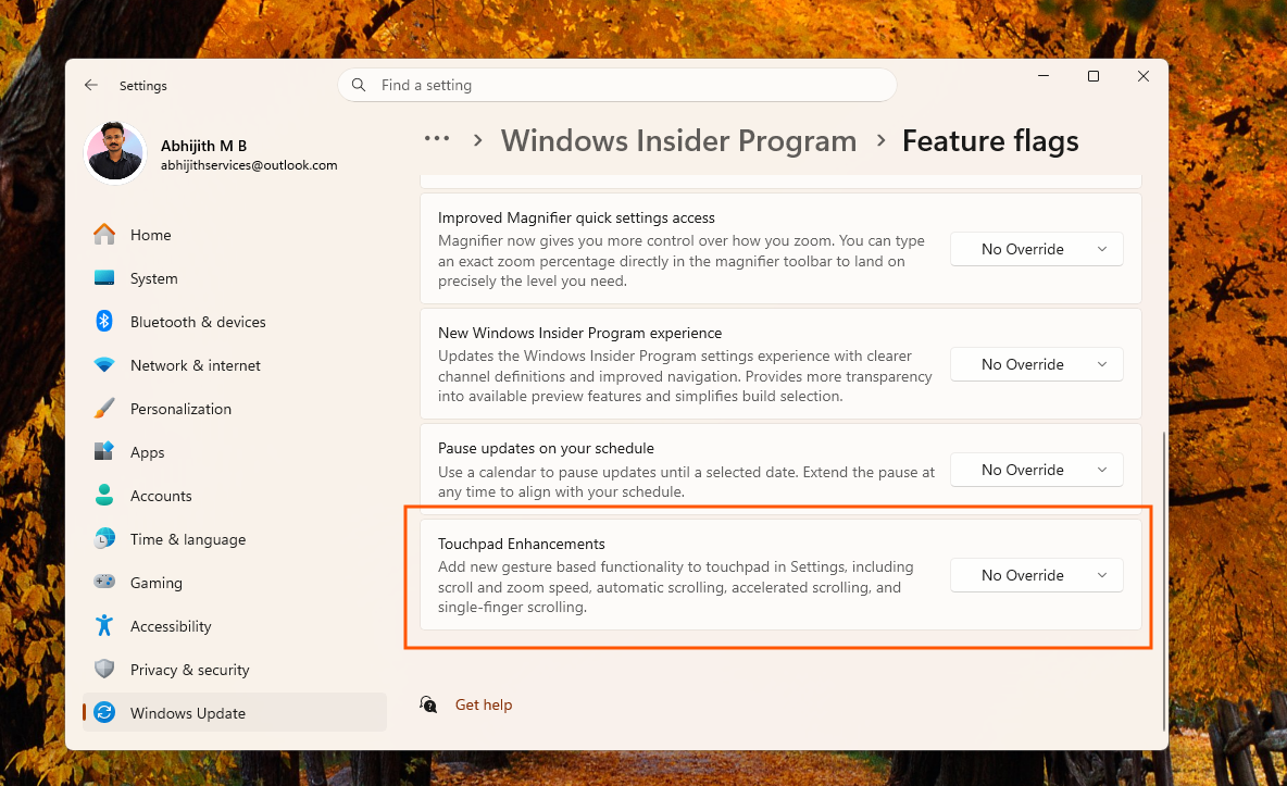 Touchpad enhancements in WIP Feature flags