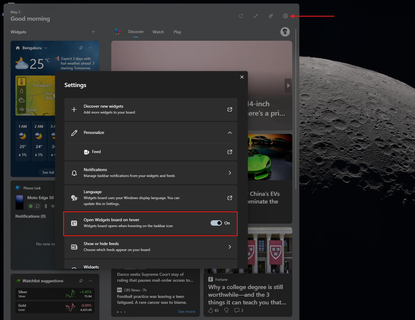 Turn off Open Widgets board on hover