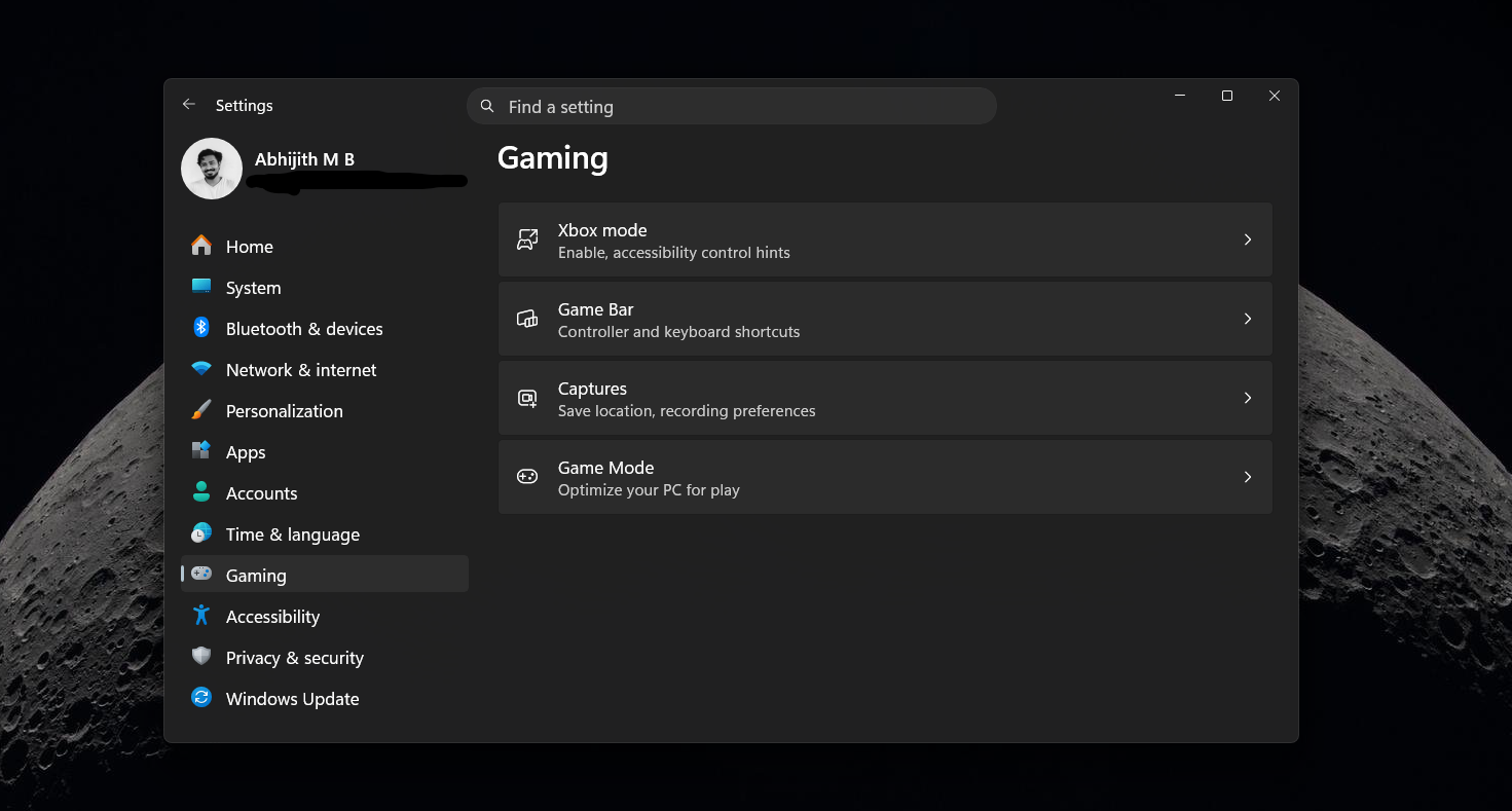 Windows 11 Gaming settings page after getting Xbox Mode
