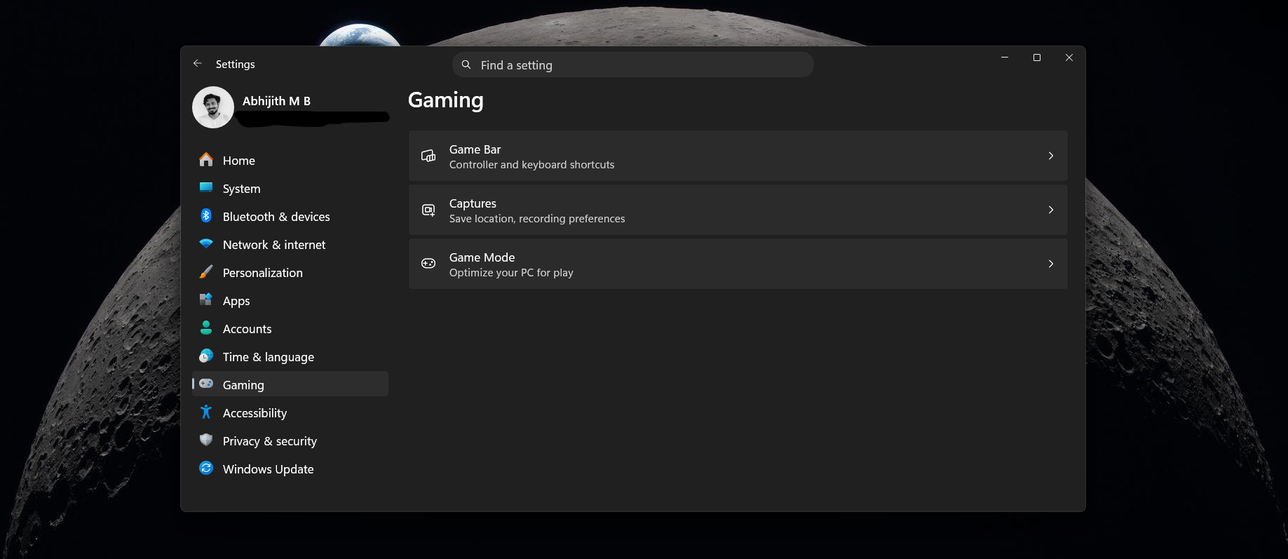 Windows 11 Gaming settings page before getting Xbox mode