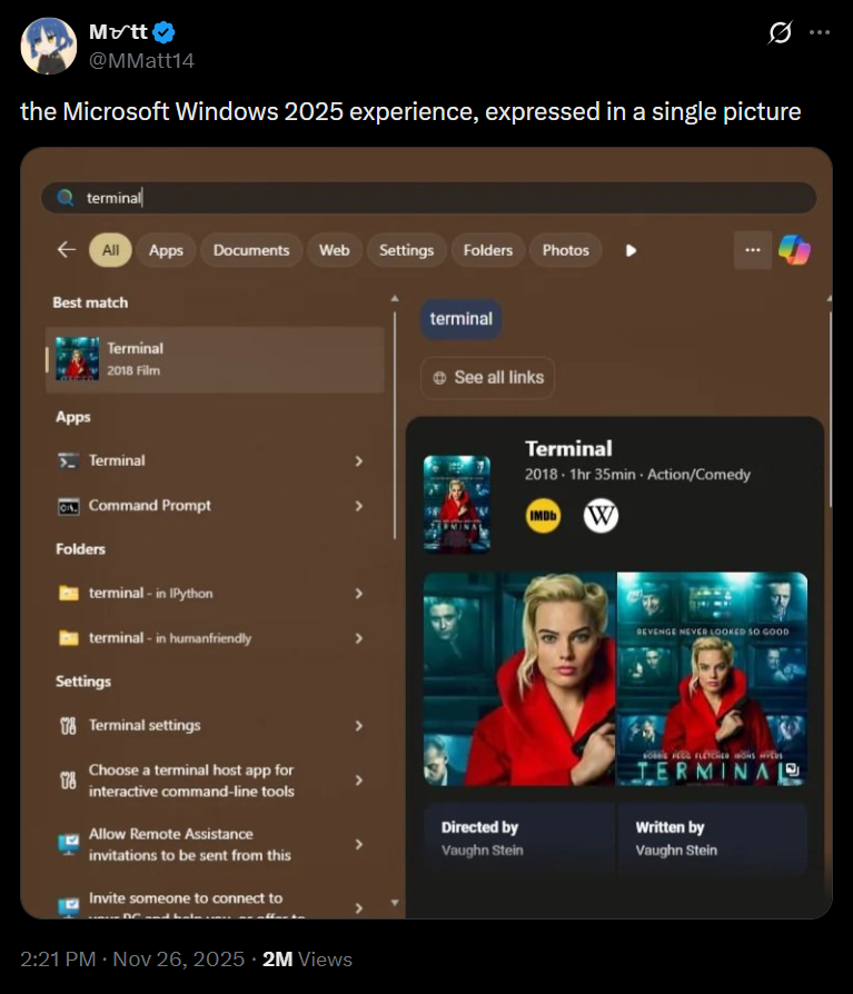 Windows Search shows movie instead of Terminal