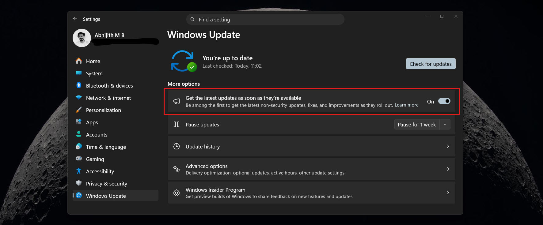 Windows Update page to Check for updates and Get the latest updates as soon as they