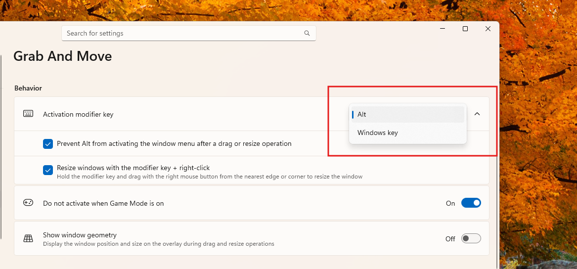 You can change the Modifier key from Alt to Windows for Grab And Move