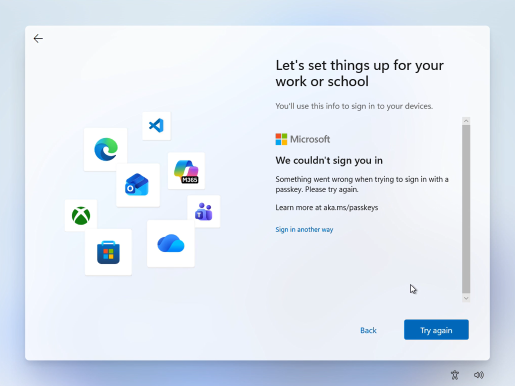 signing in with MSA usually brings errors especially if you're setting up a VM
