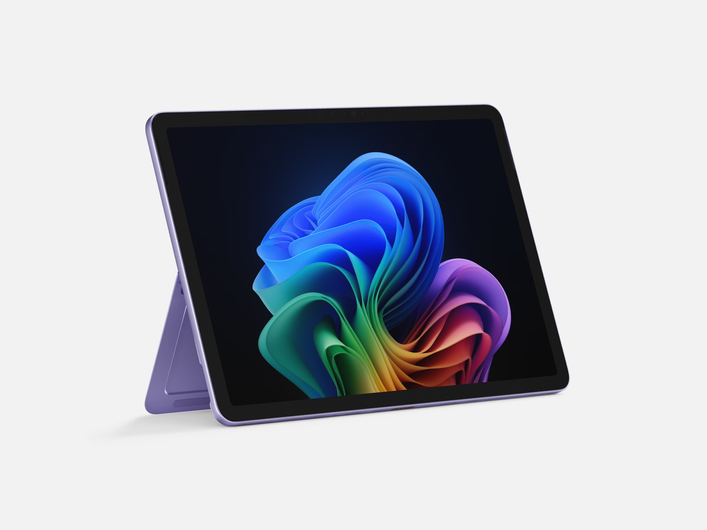 An angled view of a Surface Pro in the color Violet with the kickstand engaged