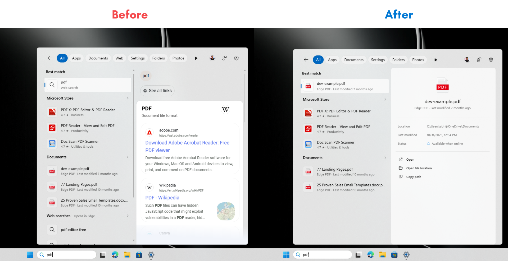 Before and after disabling web search in Windows Search