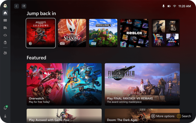 Home page in Xbox mode of MSI Claw 8 EX AI+