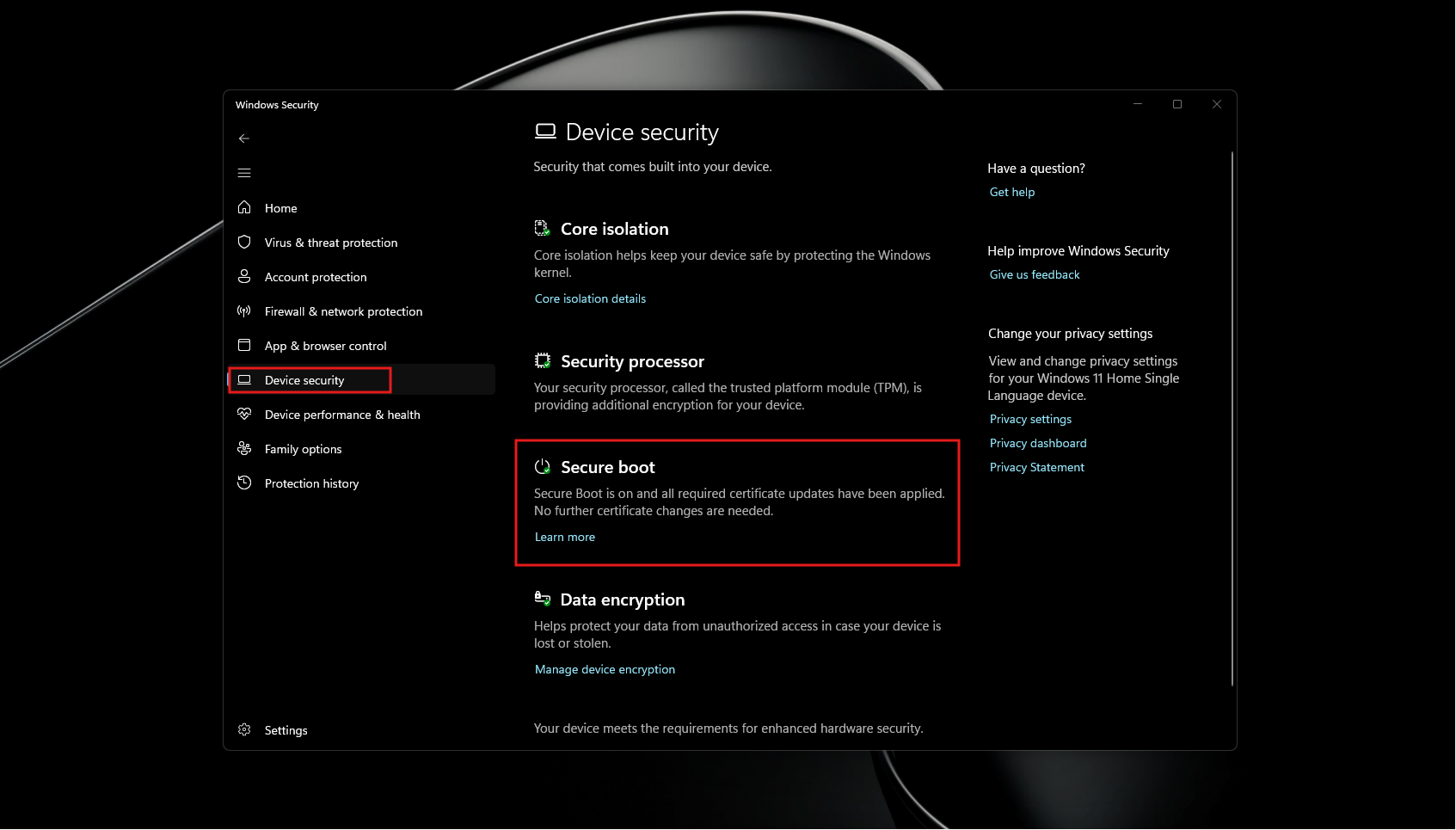 How to check if Secure Boot is active in Windows Security app