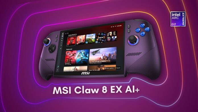 MSI Claw 8 EX AI+ gaming handheld with Intel Arc G3 Extreme processor running Windows 11 in Xbox Mode
