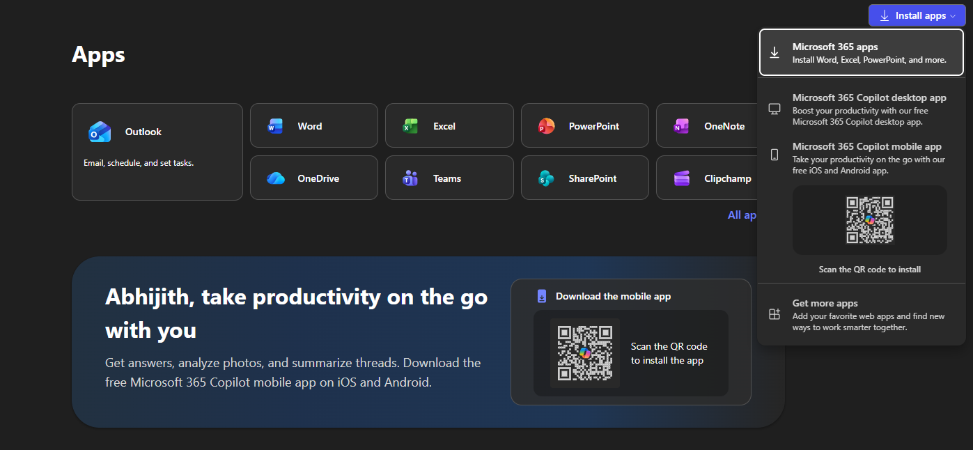 Microsoft 365 apps download from browser