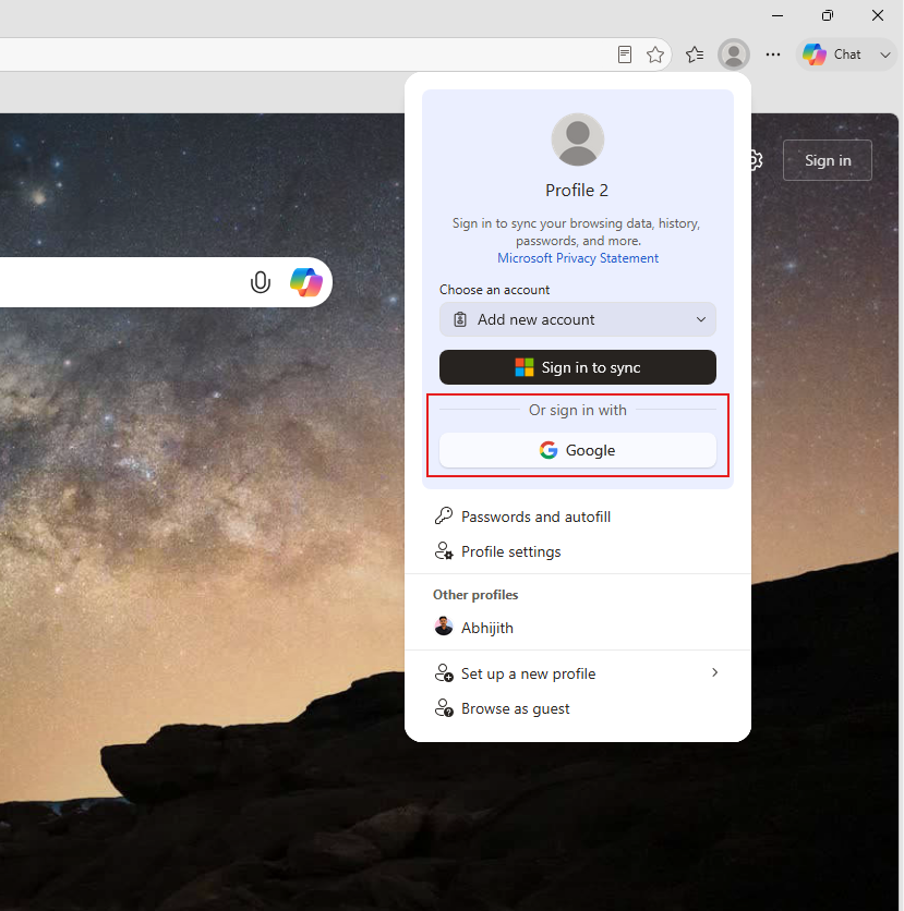 New Google sign in option in Microsoft Edge