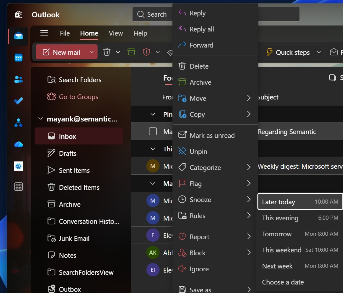 New Outlook snooze emails feature