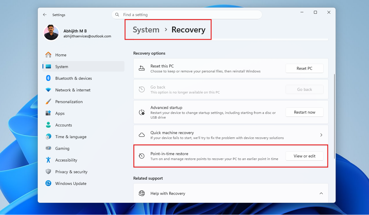 Point-in-time menu in the Settings