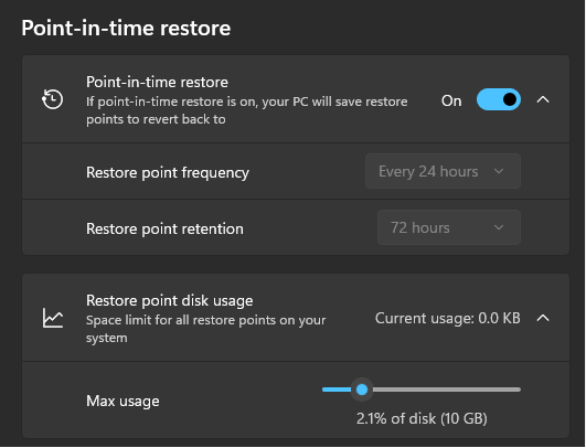 Point-in-time restore storage usage