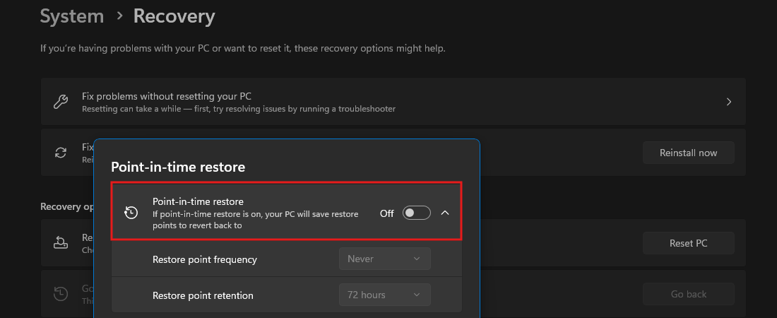 Point-in-time restore toggle