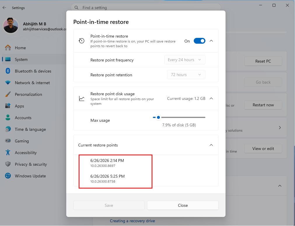 Restore points after enabling Point-in-time restore