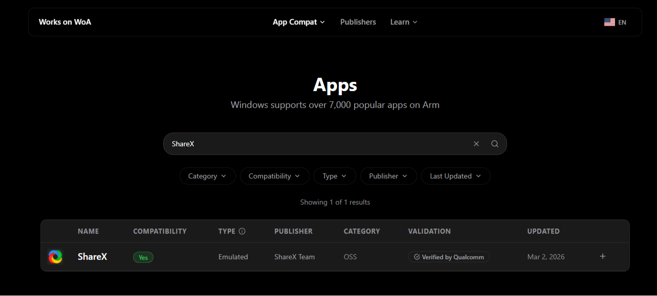 Searching app compatibility in Works on WoA