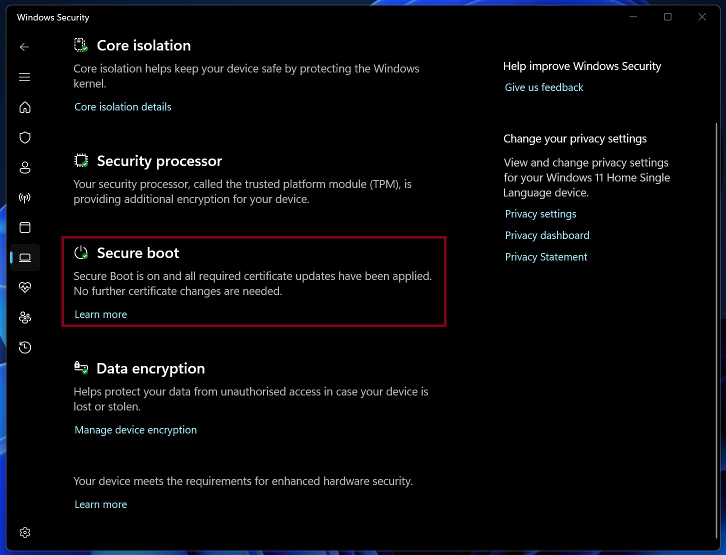 Secure Boot certificate status in Windows Security app for Windows 11