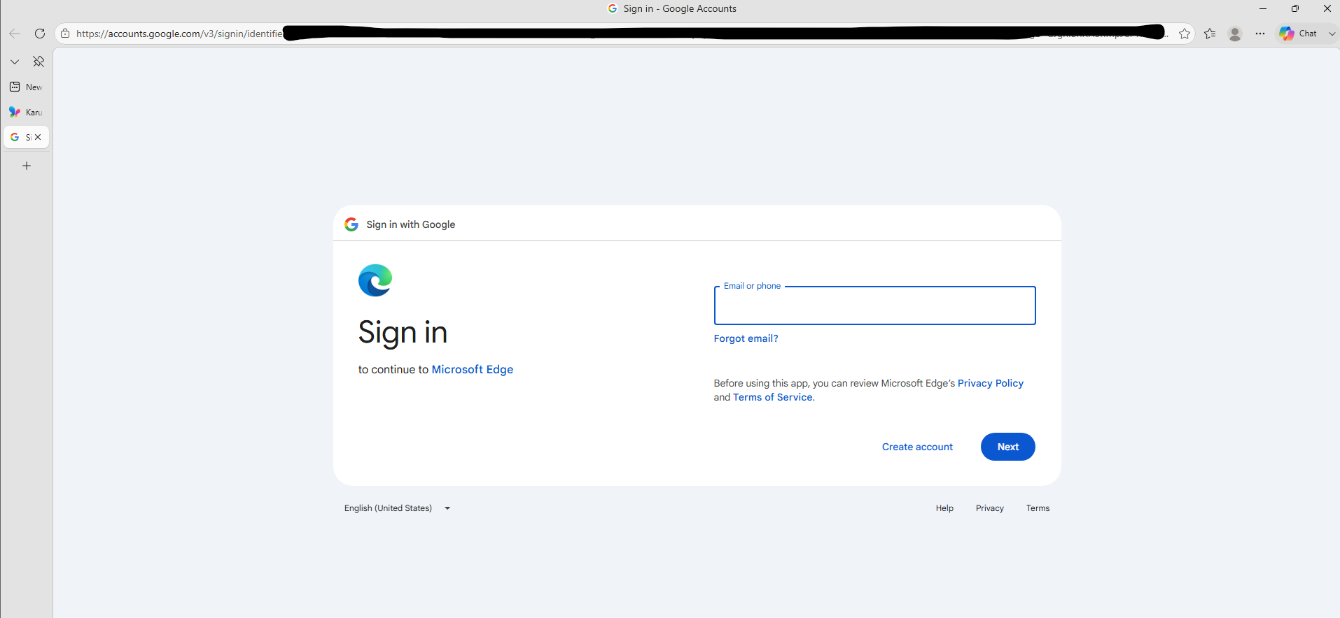 Sign in with Google to continue to Microsoft Edge